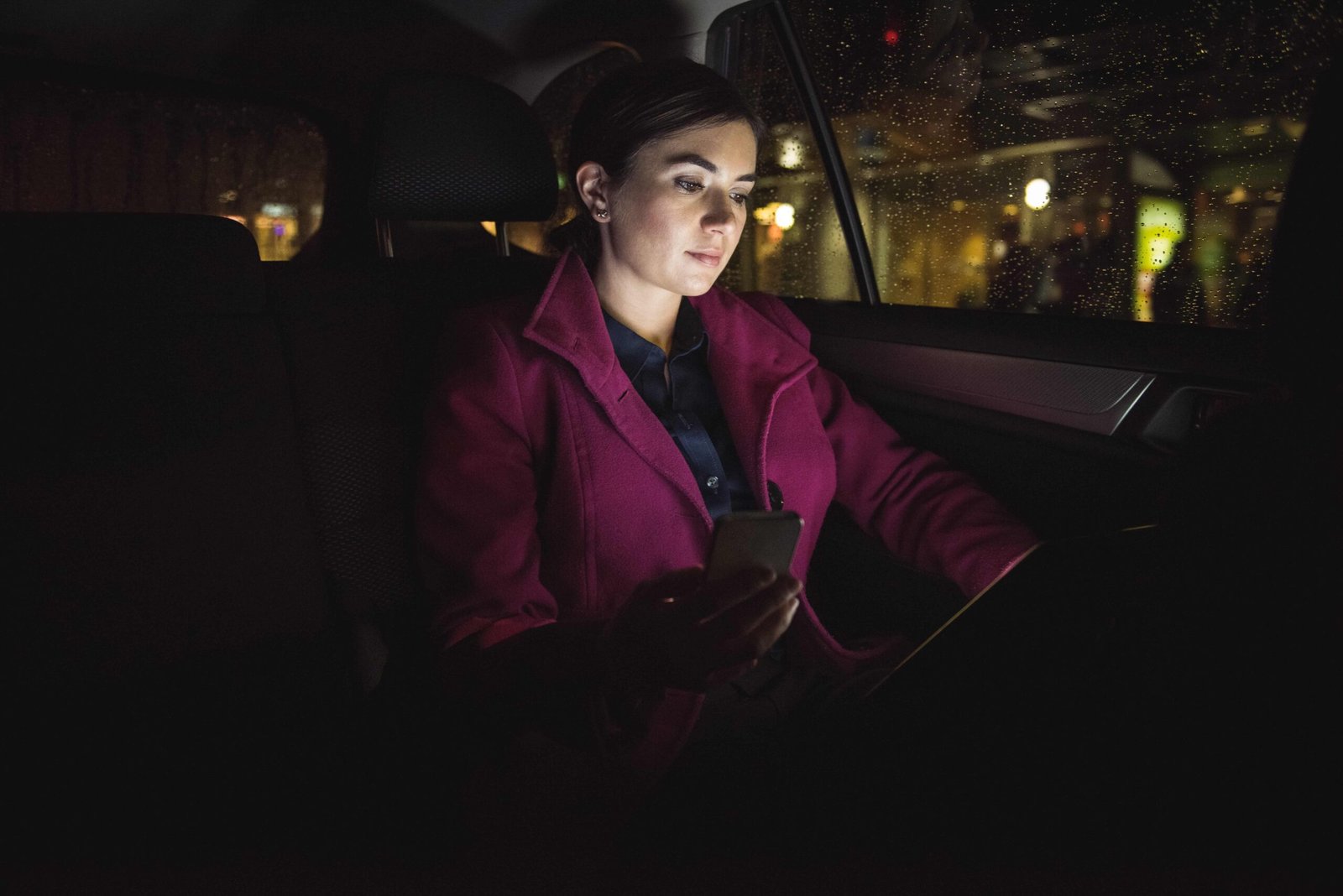 Taxi on a street at night