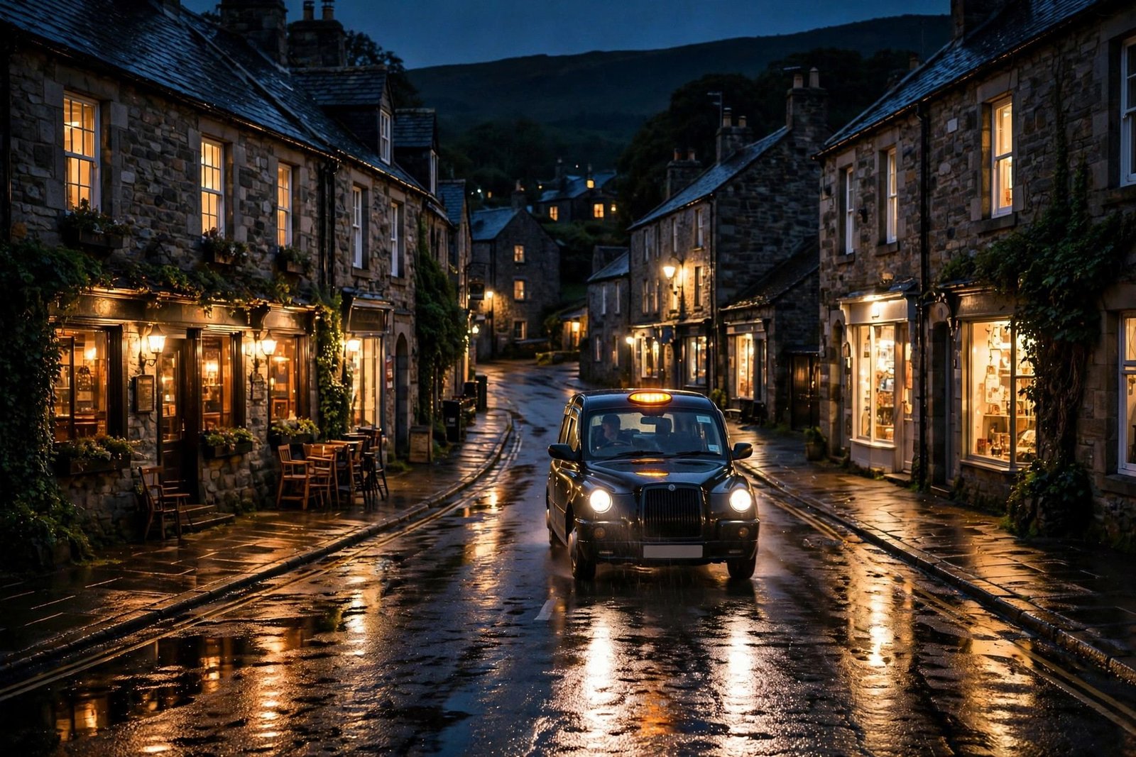 Taxi on a town street in Pembrokeshire at night