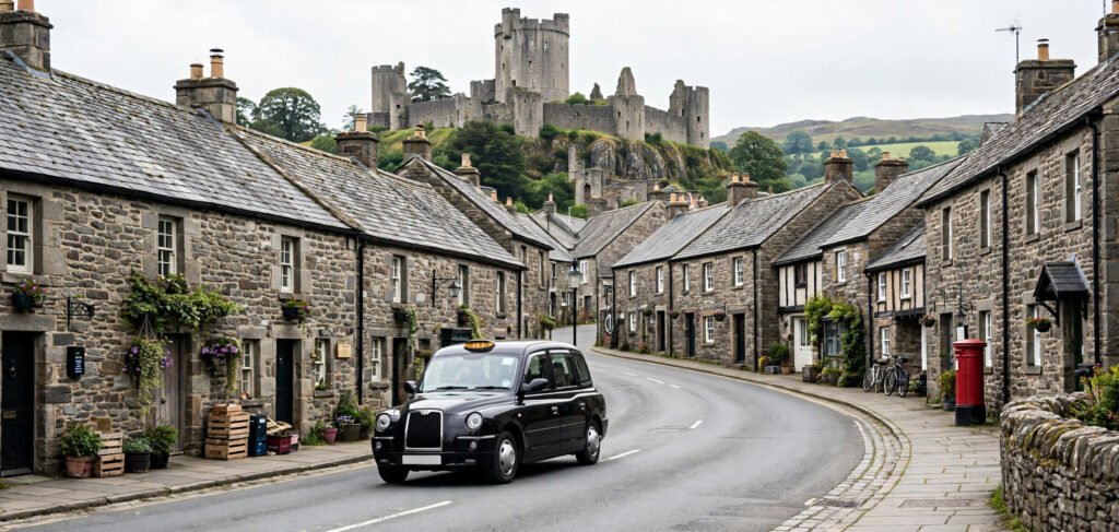 Taxi driving through Pembroke town with the castle in the background