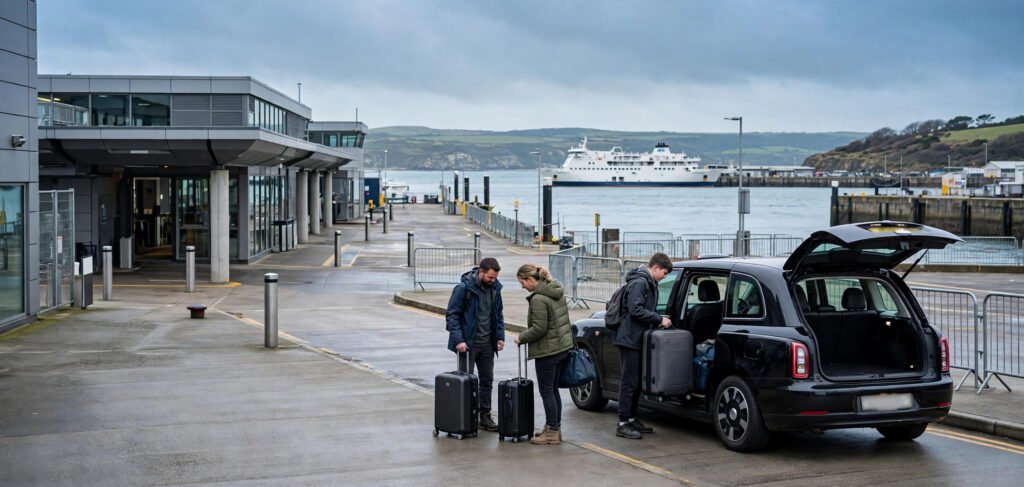 Taxi dropping passengers with luggage at the Pembroke Dock ferry port