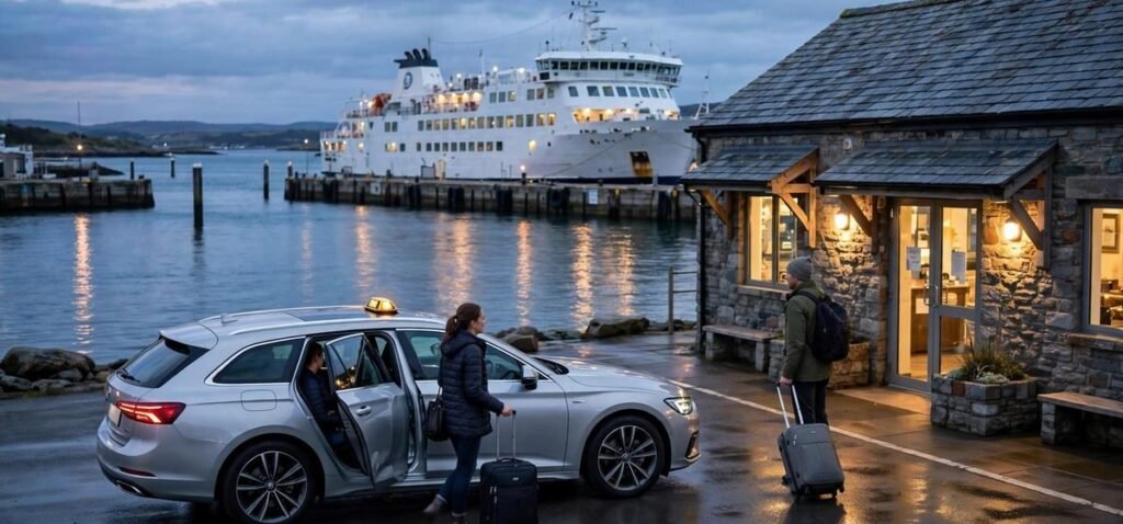 Estate taxi dropping passengers with luggage at a Pembrokeshire ferry terminal with a ferry in the harbour