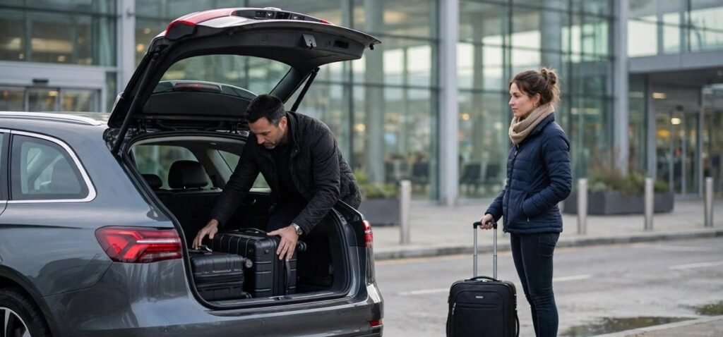 Taxi driver loading suitcases into an estate car at an airport terminal for a Pembrokeshire passenger