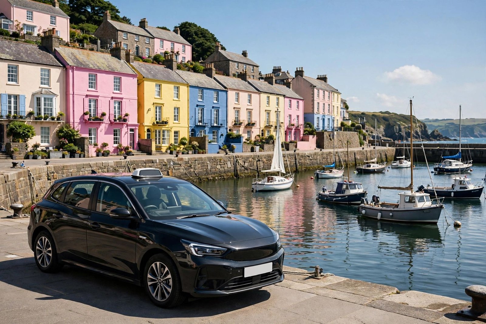 Taxi parked by the harbour in Tenby, Pembrokeshire