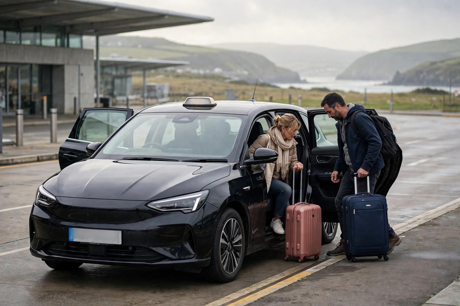 Taxi dropping passengers at an airport terminal for a Tenby airport transfer