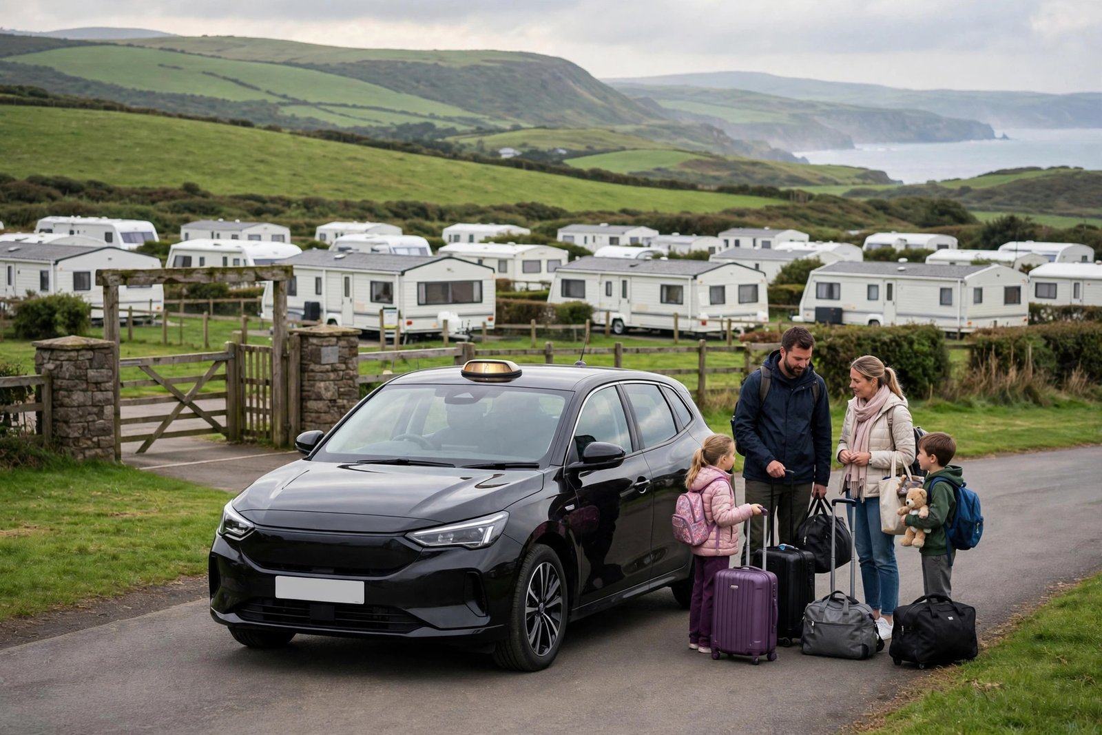 Taxi arriving at a holiday park near Tenby