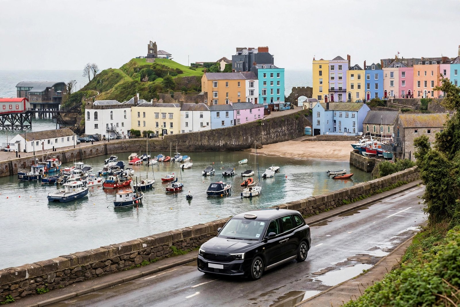Taxi driving past the colourful harbour houses in Tenby