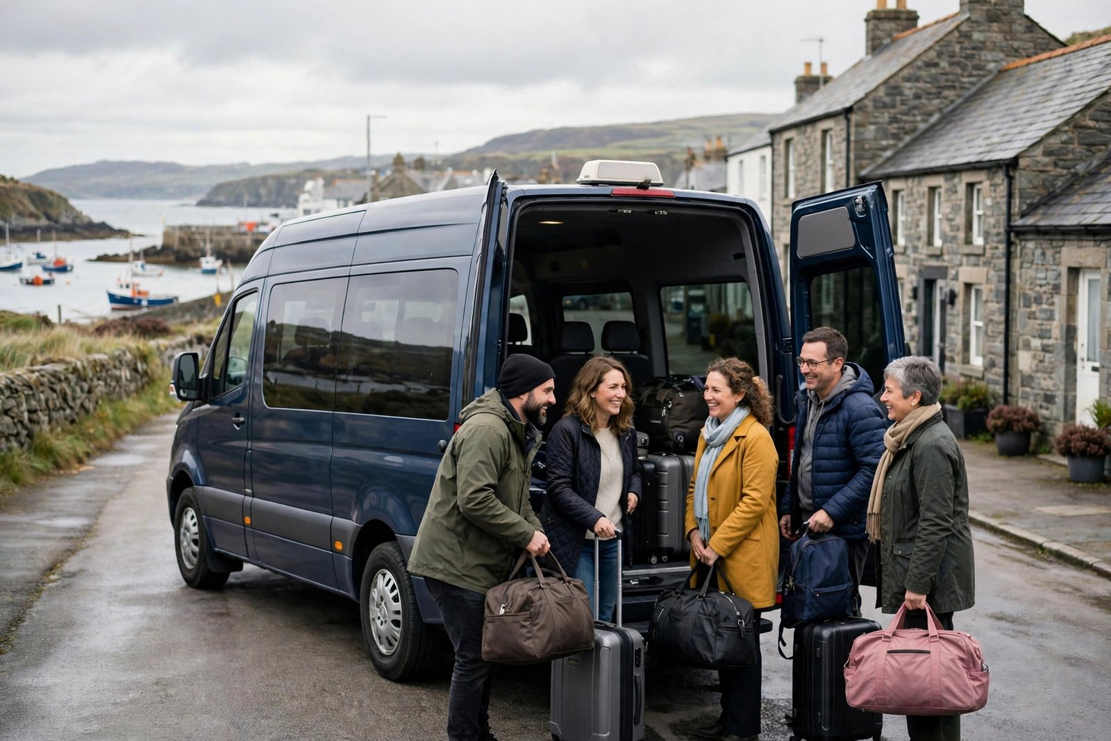 Minibus taxi carrying a group with luggage in Tenby